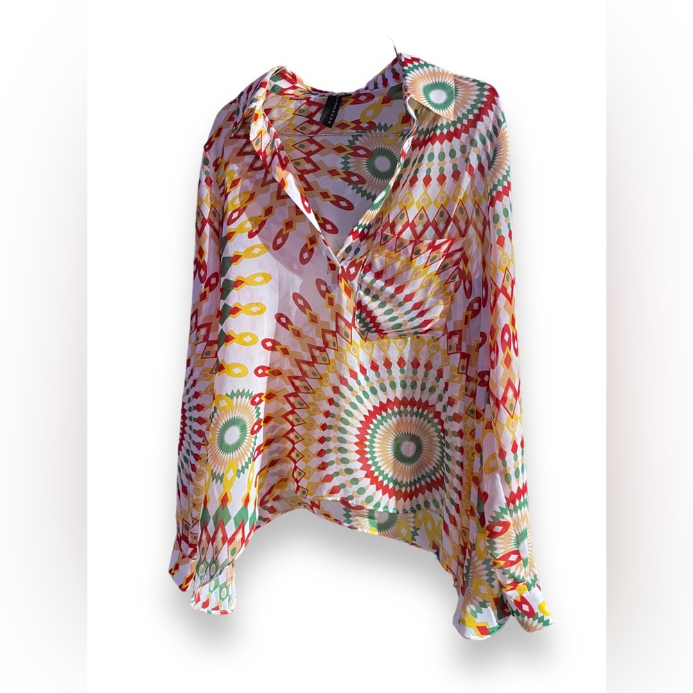 OLIVALEOUS MOD Print Long Sleeve V-Neck Blouse Top - Women's Size m